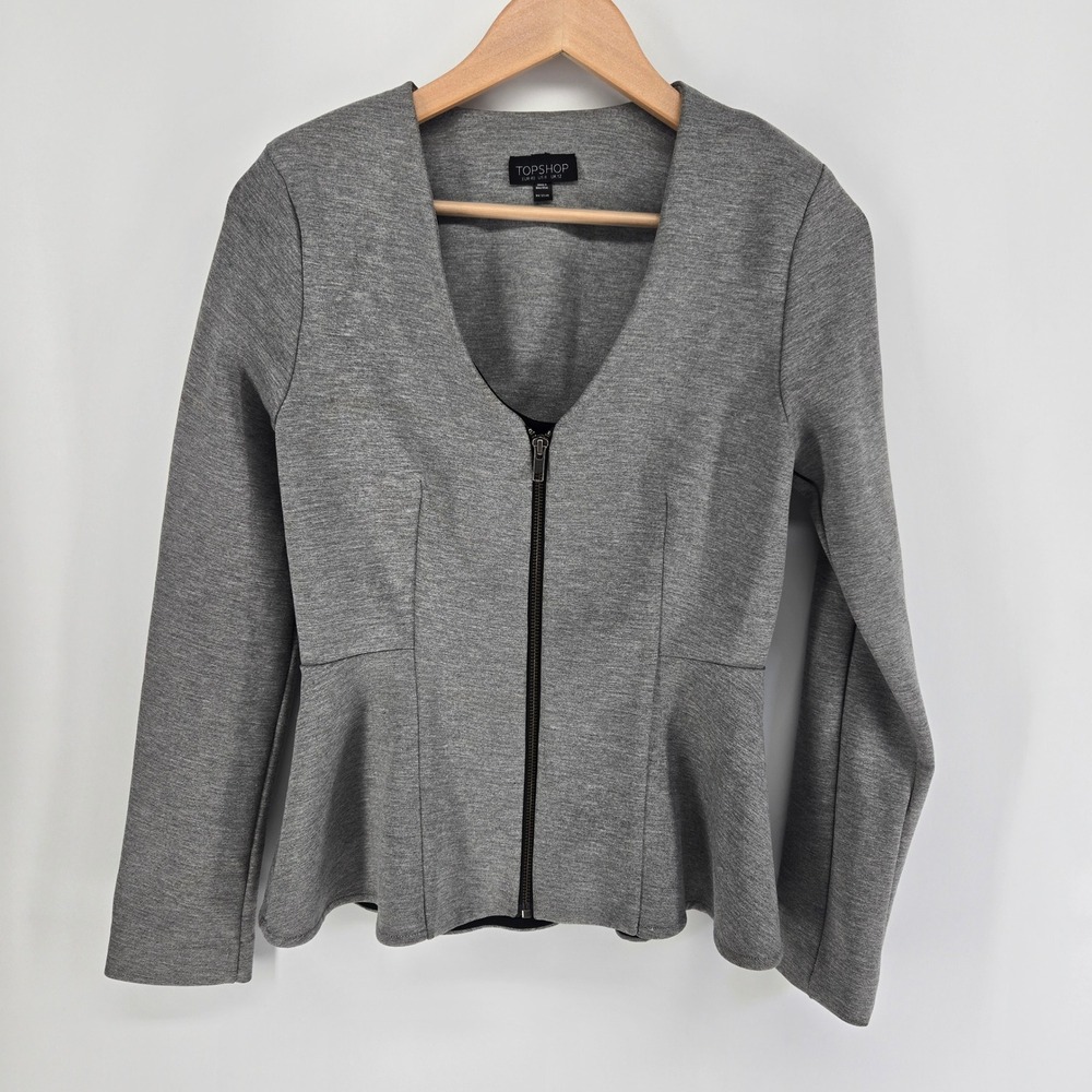 Topshop Peplum Jacket Women 8 Gray Zip Front V-Neck Long Sleeve Career Blazer